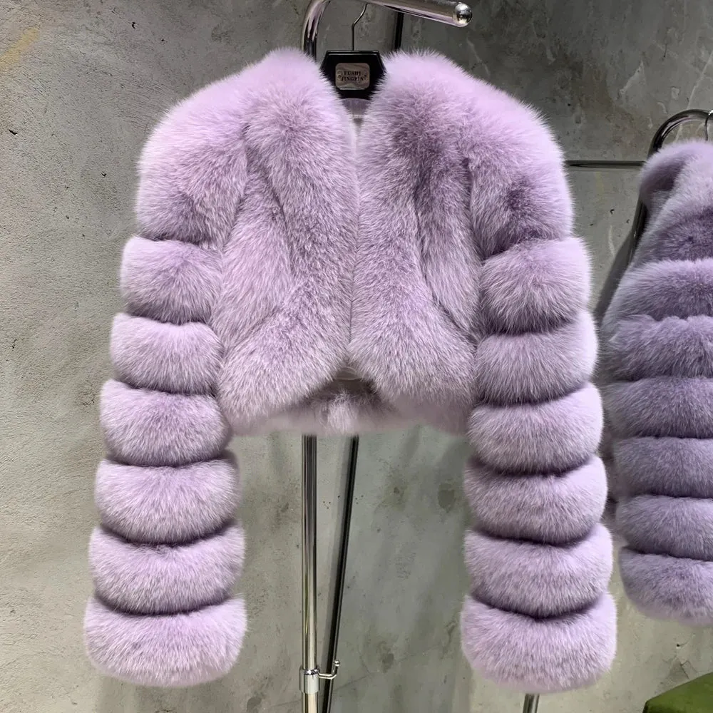 100% Real Fox Fur Cropped Bomber Coat