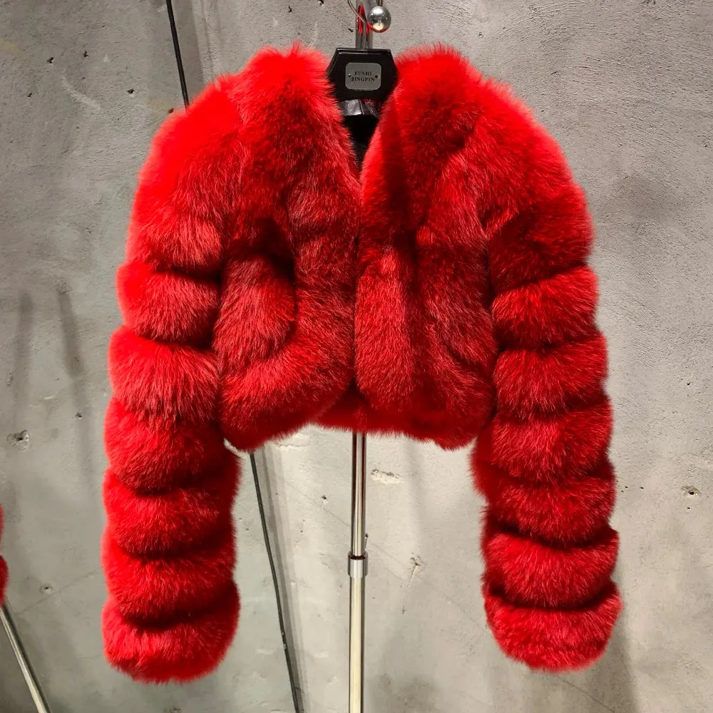 100% Real Fox Fur Cropped Bomber Coat