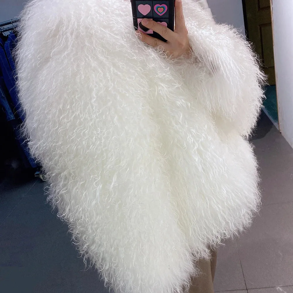 100% Real Mongolian Curly Sheep Fur Coat