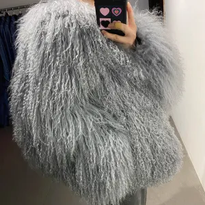 100% Real Mongolian Curly Sheep Fur Coat