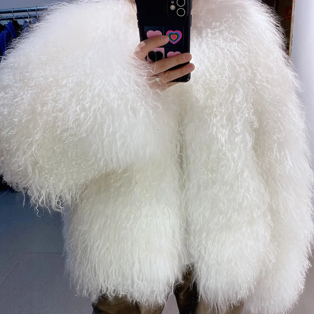 100% Real Mongolian Curly Sheep Fur Coat