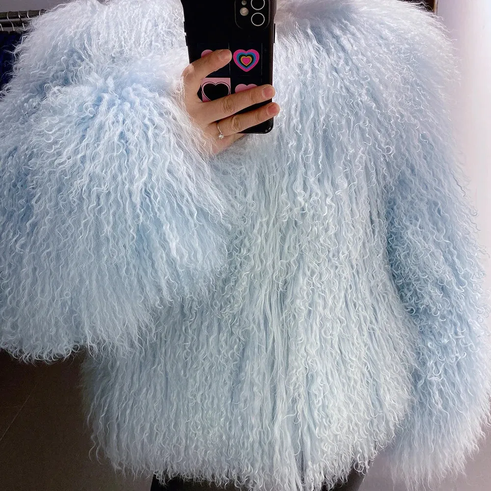 100% Real Mongolian Curly Sheep Fur Coat