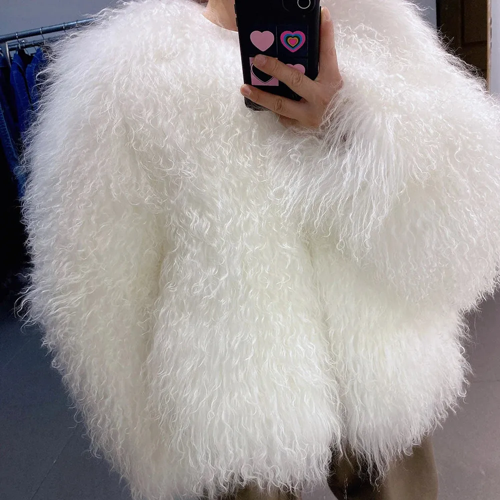 100% Real Mongolian Curly Sheep Fur Coat