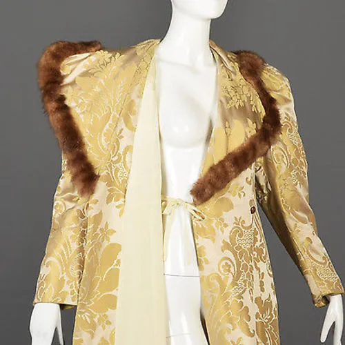 1940s Gold Brocade Coat with Mink Fur Trim