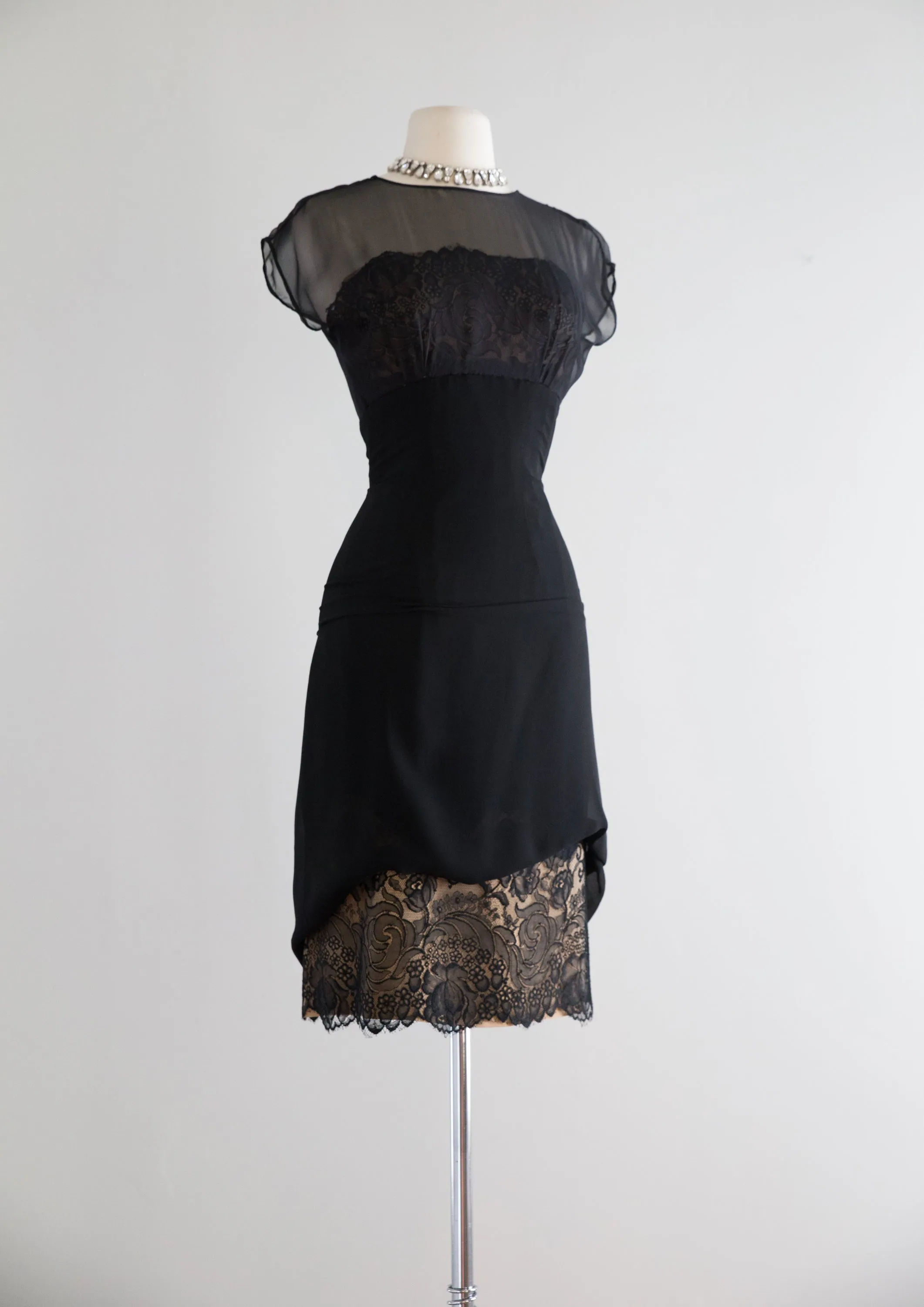 1950's Black Silk Chiffon & Fine French Lace Cocktail Dress By Philip Hulitar / Waist 26