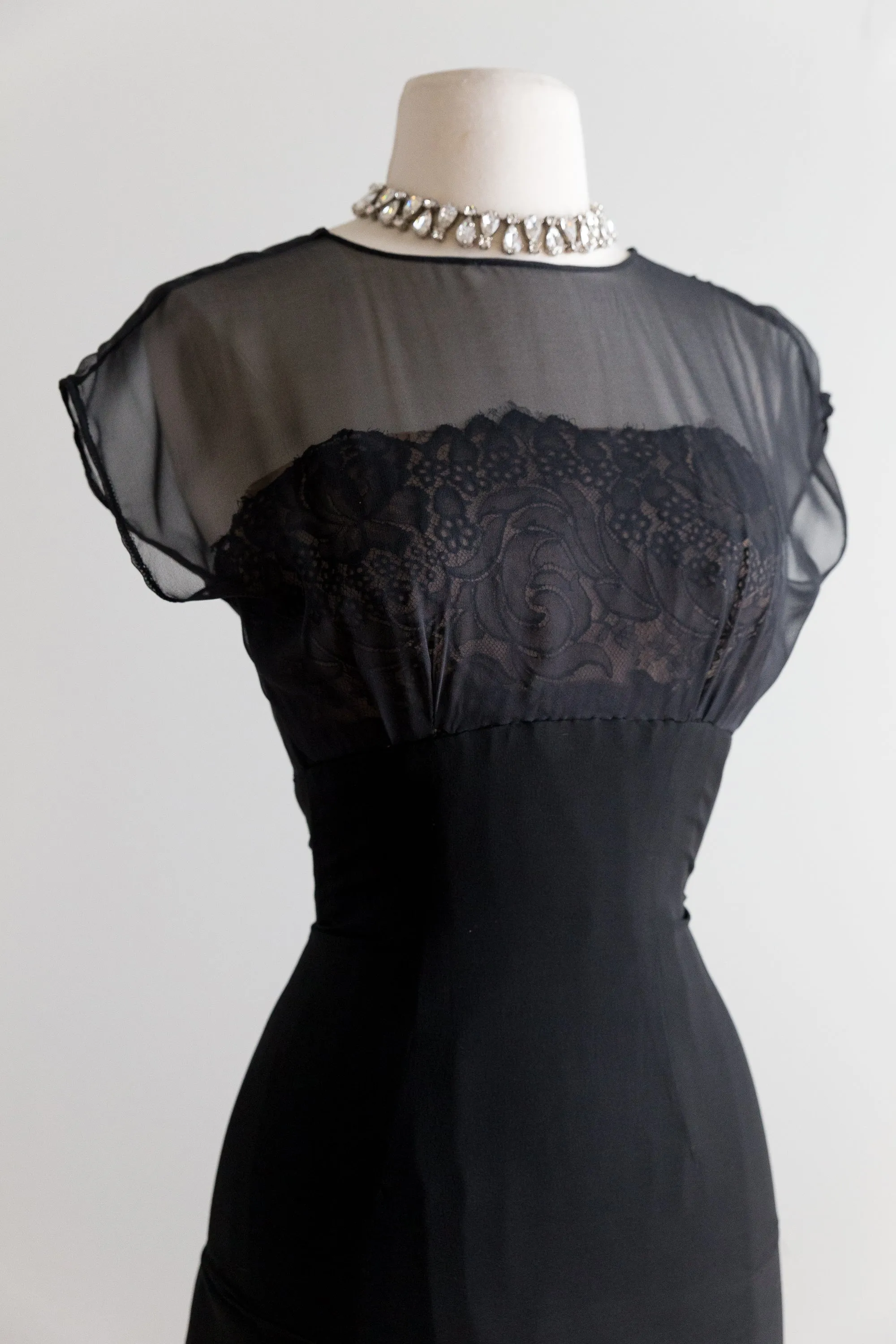 1950's Black Silk Chiffon & Fine French Lace Cocktail Dress By Philip Hulitar / Waist 26