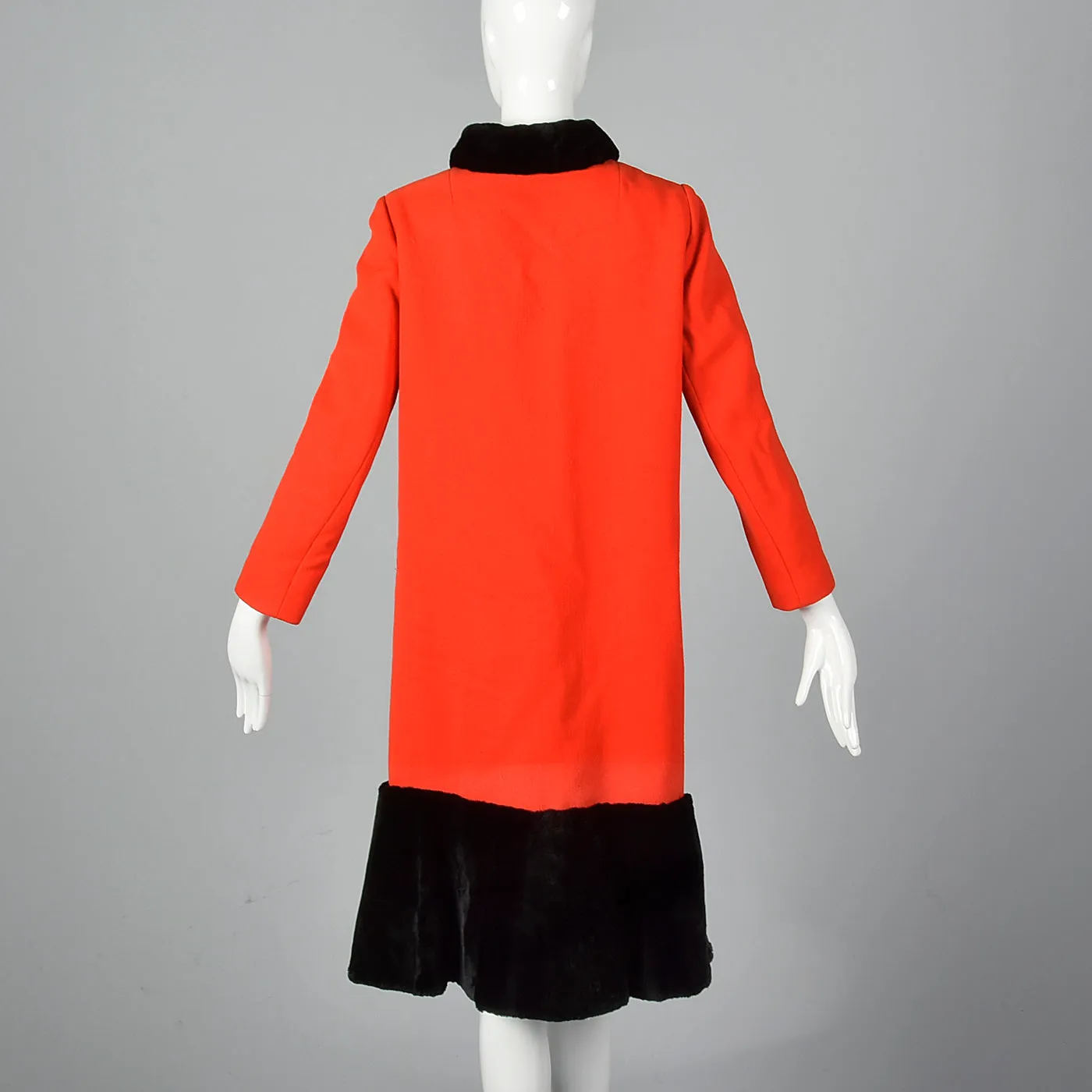 1960s Asymmetric Red Winter Coat with Black Sheared Fur Trim