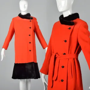 1960s Asymmetric Red Winter Coat with Black Sheared Fur Trim