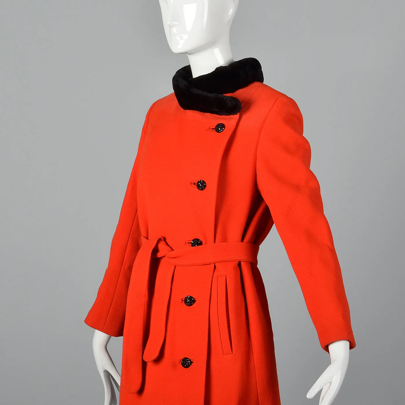 1960s Asymmetric Red Winter Coat with Black Sheared Fur Trim