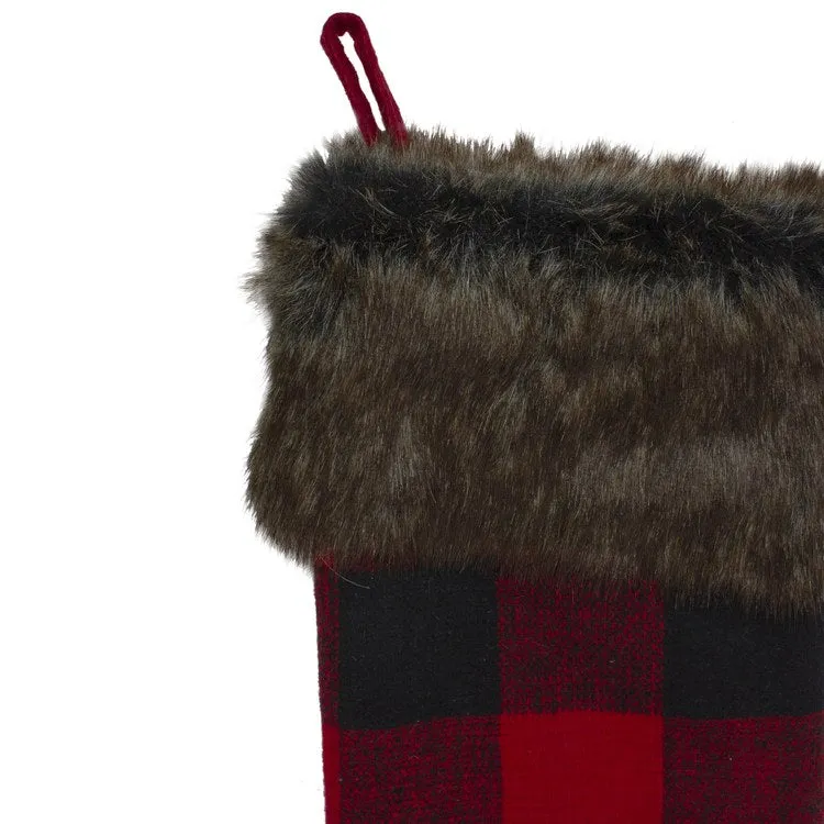 19" Red and Black Buffalo Plaid Christmas Stocking with Snowflake