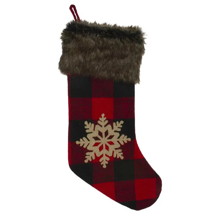 19" Red and Black Buffalo Plaid Christmas Stocking with Snowflake