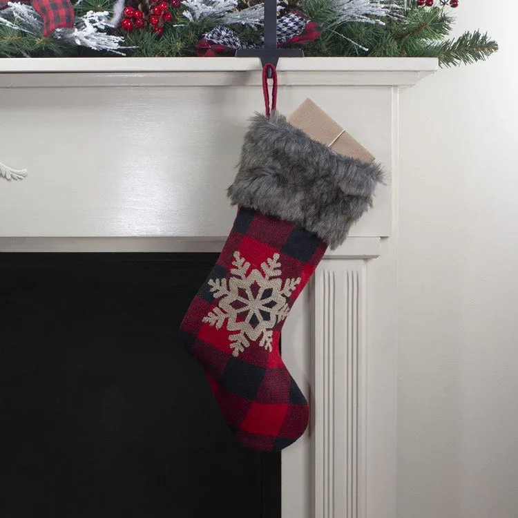 19" Red and Black Buffalo Plaid Christmas Stocking with Snowflake