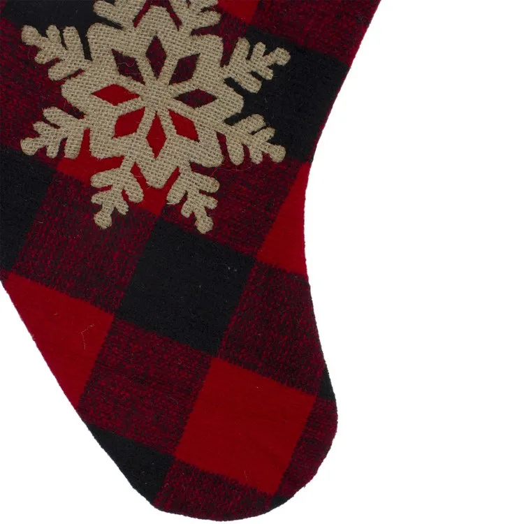 19" Red and Black Buffalo Plaid Christmas Stocking with Snowflake