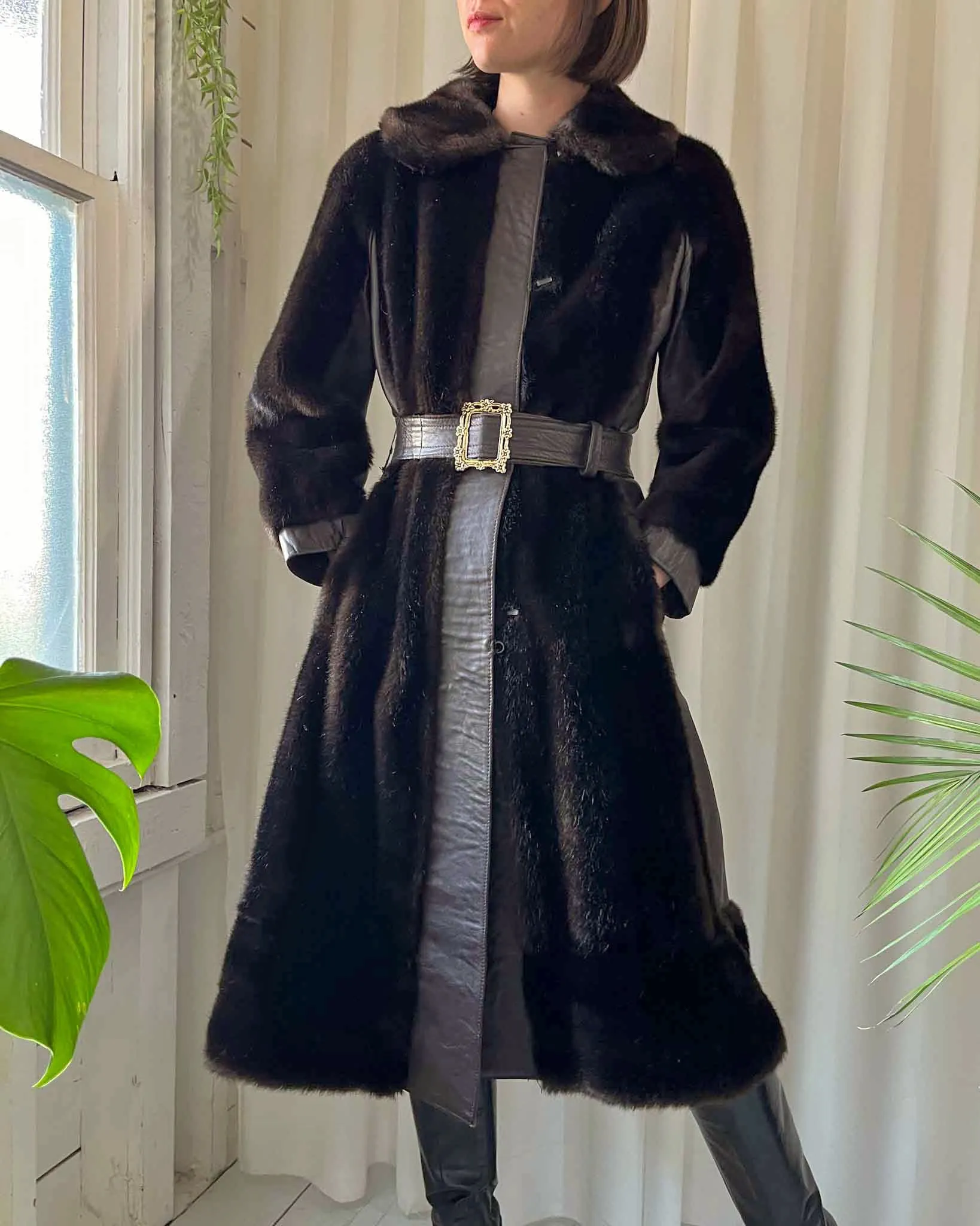 70s Belted Faux Fur Coat | S-M