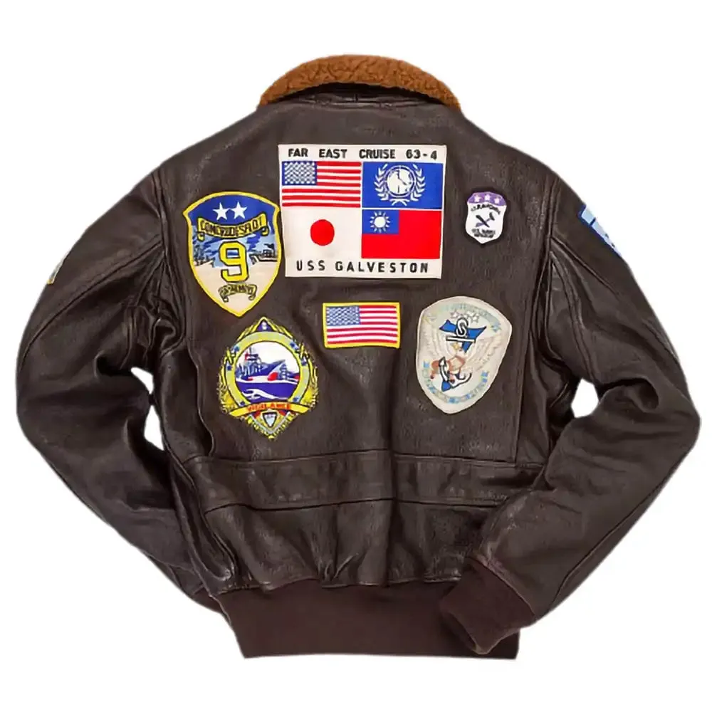 Aviator Bomber Embroidery Patch Brown Leather Jacket Mens