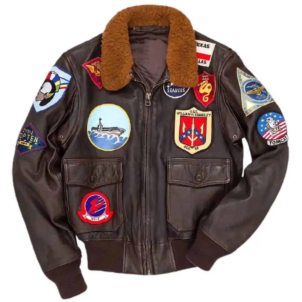 Aviator Bomber Embroidery Patch Brown Leather Jacket Mens