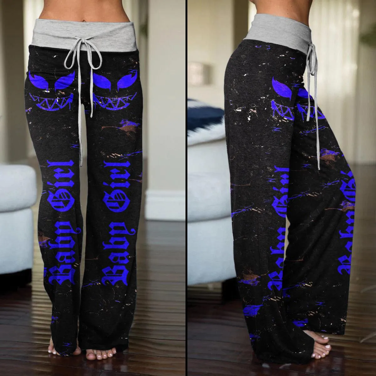 Baby Girl Blue Skull Smile High-waisted Straight-leg Trousers