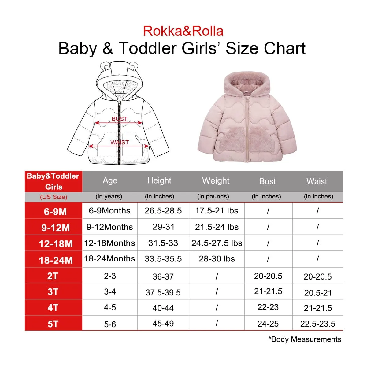 Baby Girls' Water-Resistant Soft Mini Fur Lined Puffer Jacket for Newborn Infant Toddler (6-24M, 2T-5T)