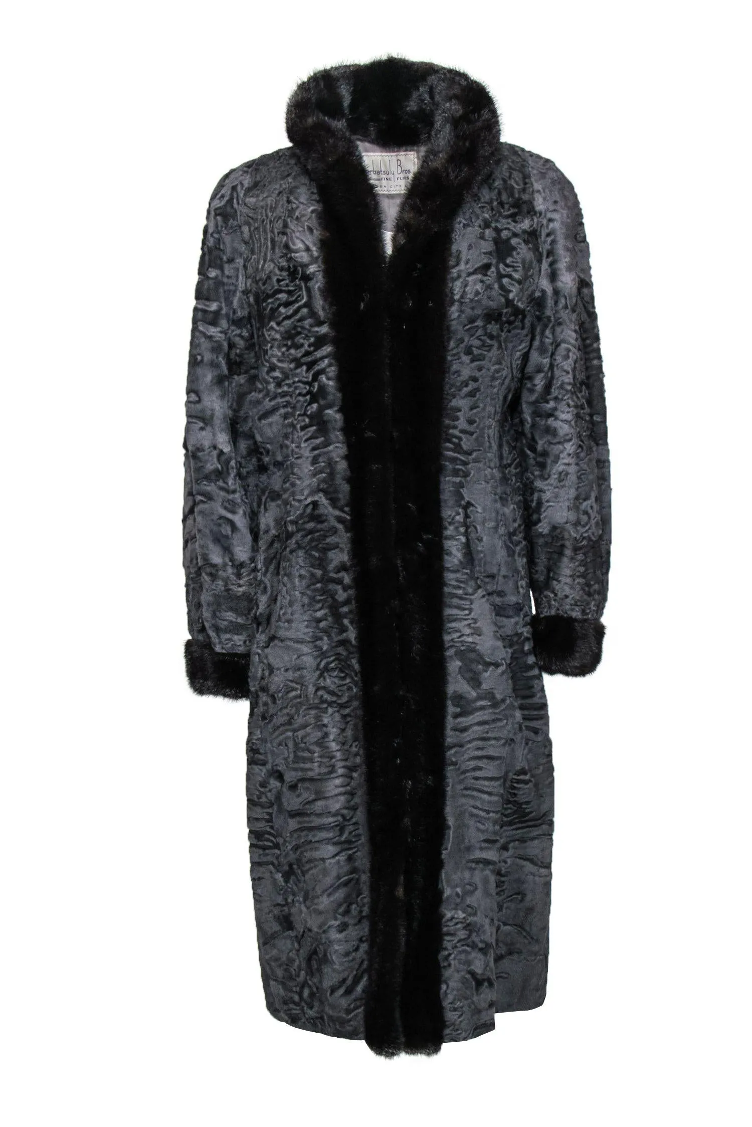 Barbatsuly Bros. - Grey Textured Longline Clasped Fur Coat w/ Brown Fur Trim Sz M