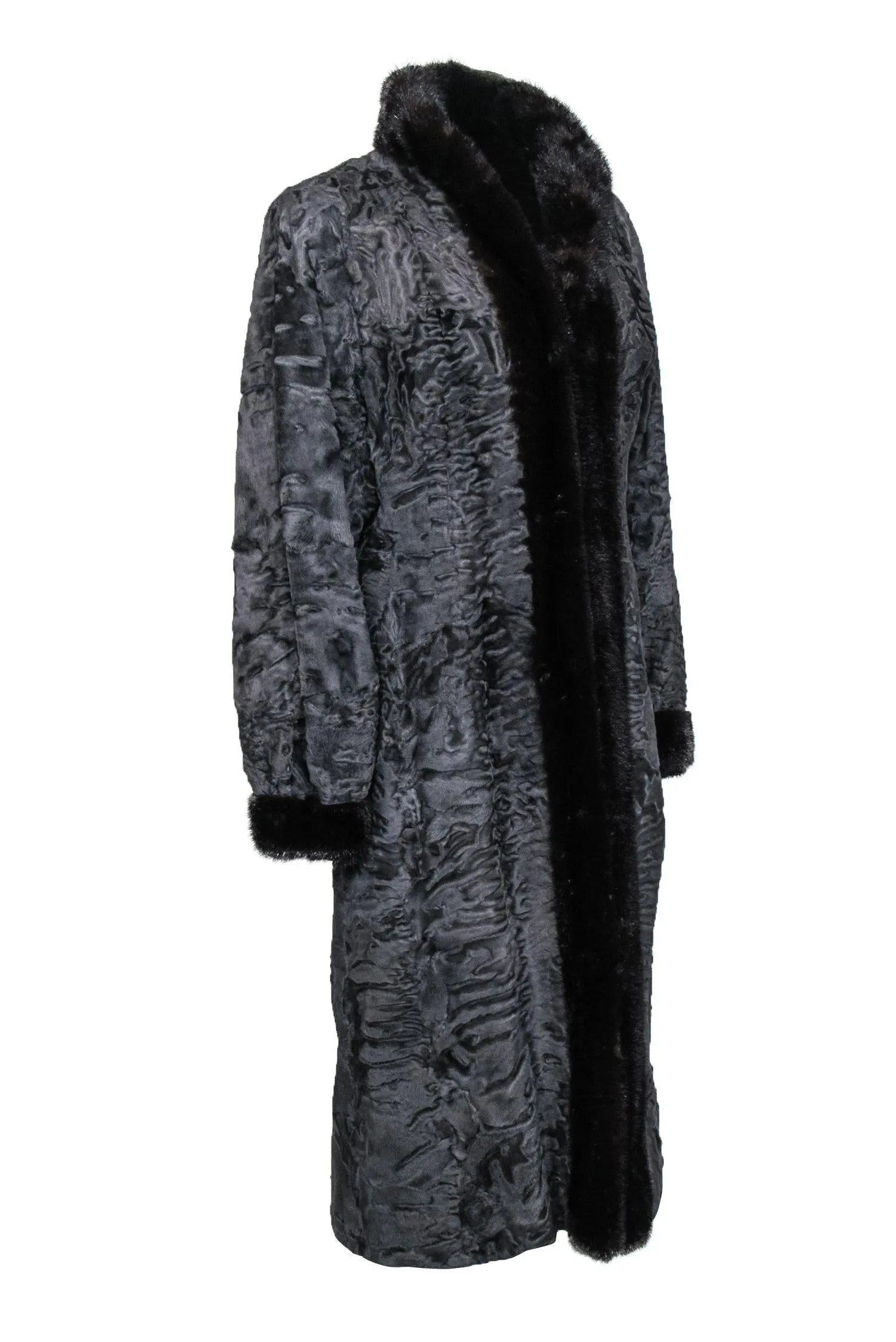 Barbatsuly Bros. - Grey Textured Longline Clasped Fur Coat w/ Brown Fur Trim Sz M