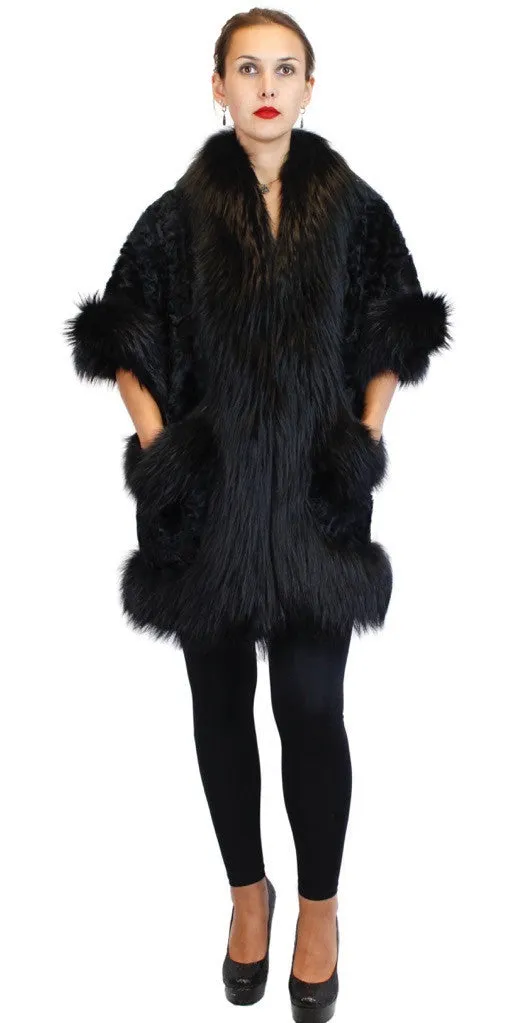 BLACK DYED KALGAN LAMB & FOX FUR TRIM SHORT-SLEEVED COAT