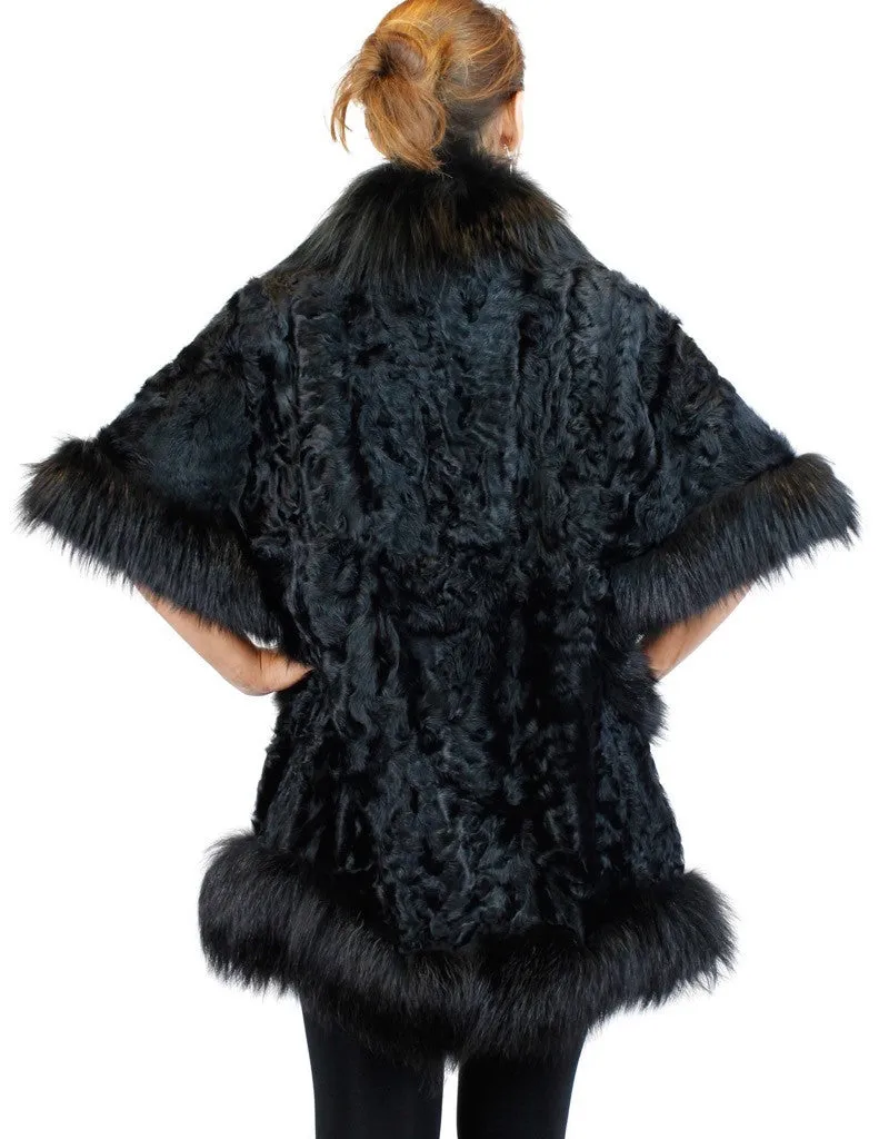 BLACK DYED KALGAN LAMB & FOX FUR TRIM SHORT-SLEEVED COAT