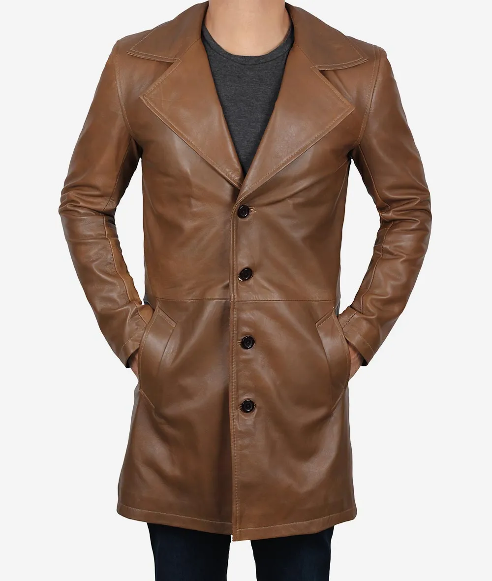 Brown 3 Quarter Real Lambskin Leather Mid Length Coat Mens