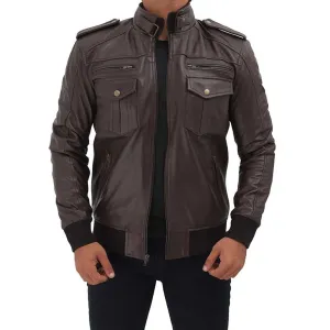 Brown Bomber Biker Leather Mens Jacket