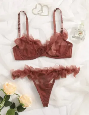 Brown Lingerie Set Ruffle Mesh