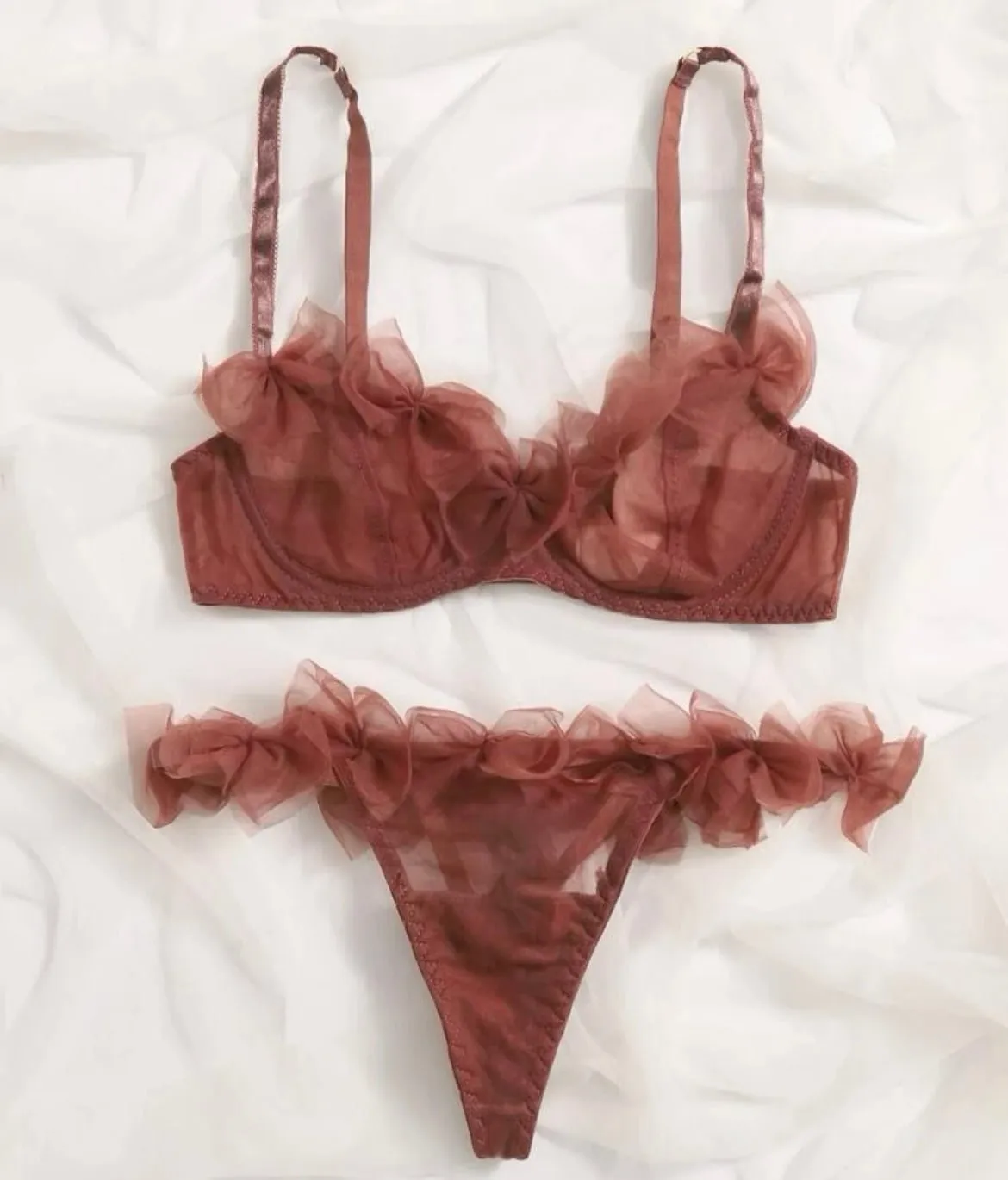 Brown Lingerie Set Ruffle Mesh