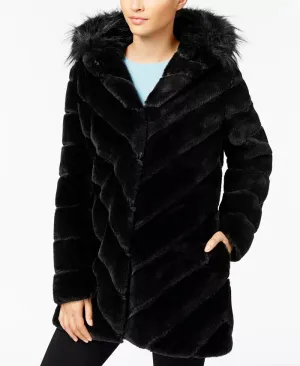 Calvin Klein Petite Faux-Fur Chevron Seamed Coat