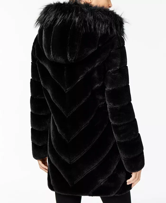 Calvin Klein Petite Faux-Fur Chevron Seamed Coat