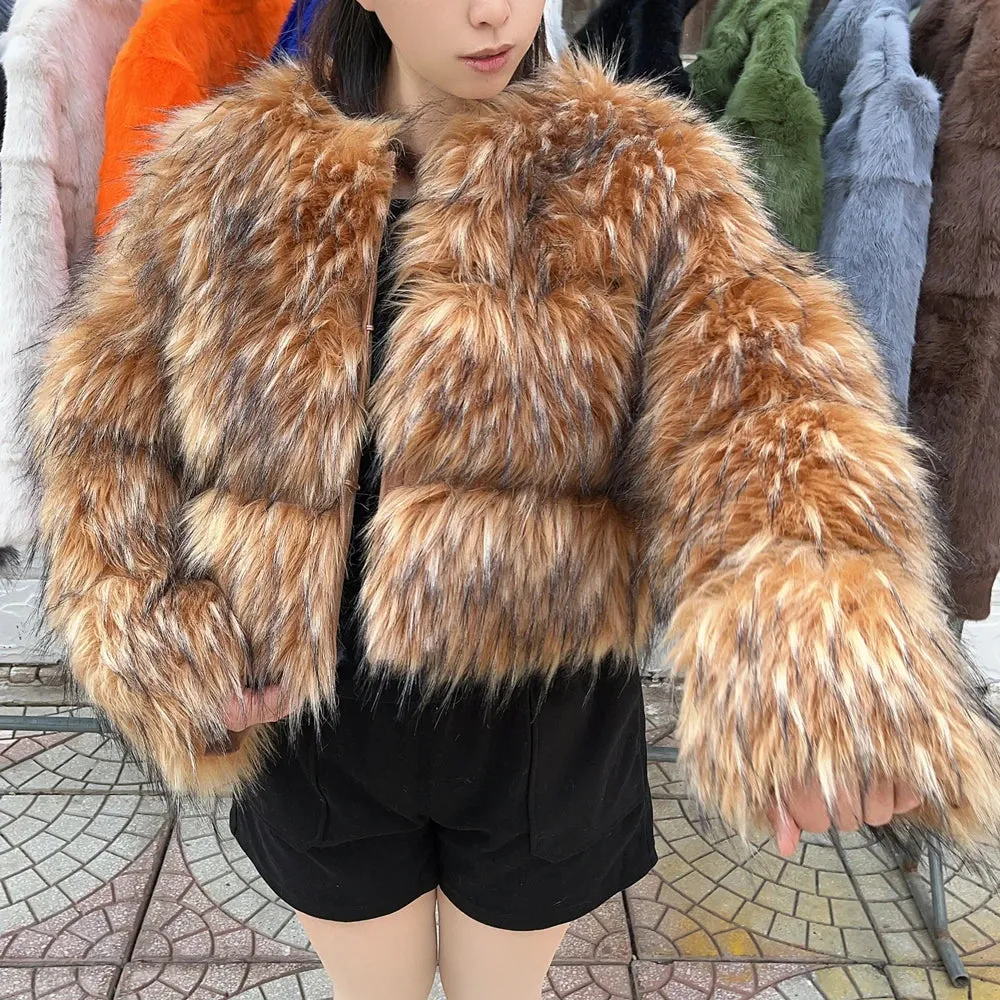 Chelsey Faux Fur Jacket  Warm Thick fox fur Raccoon Leather