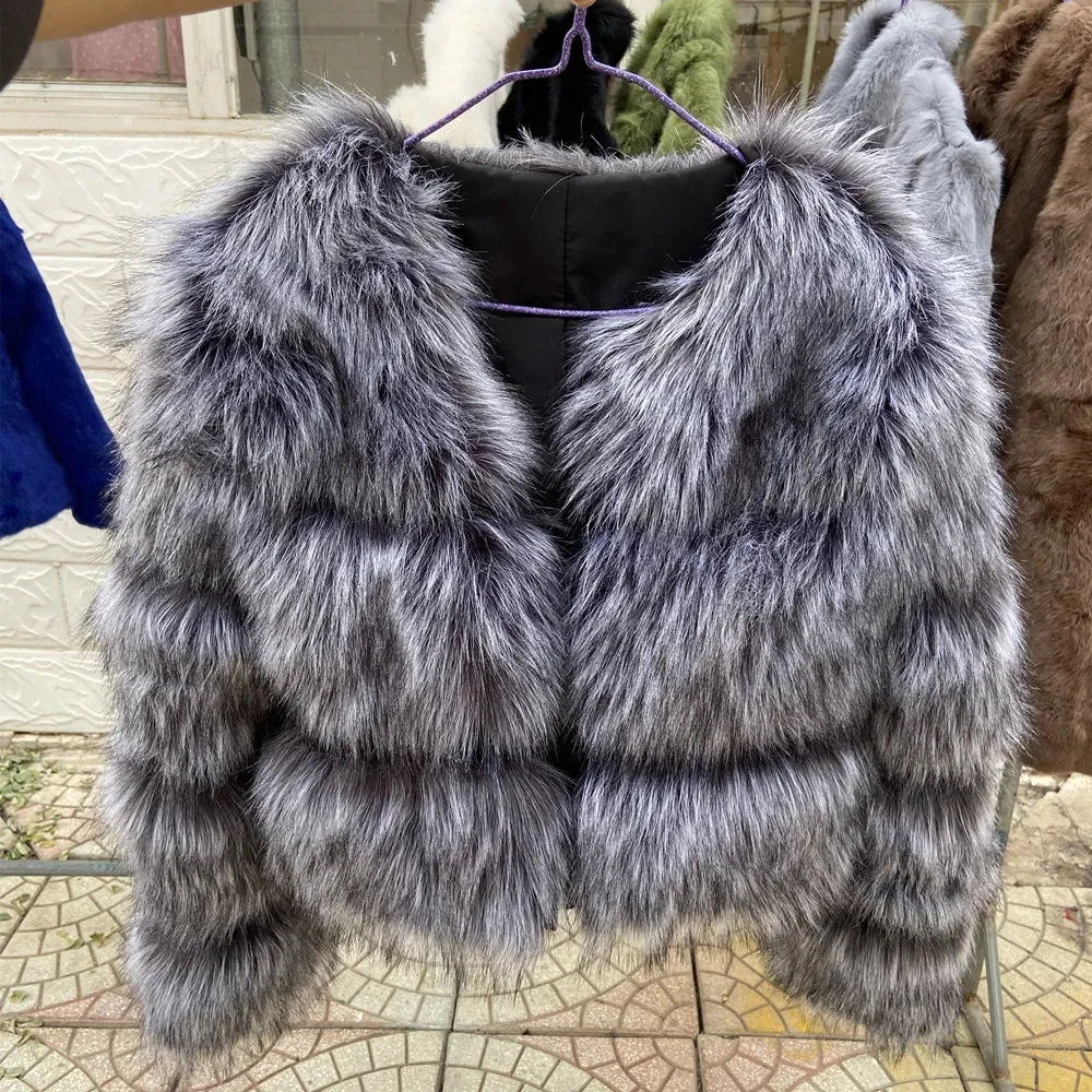 Chelsey Faux Fur Jacket  Warm Thick fox fur Raccoon Leather