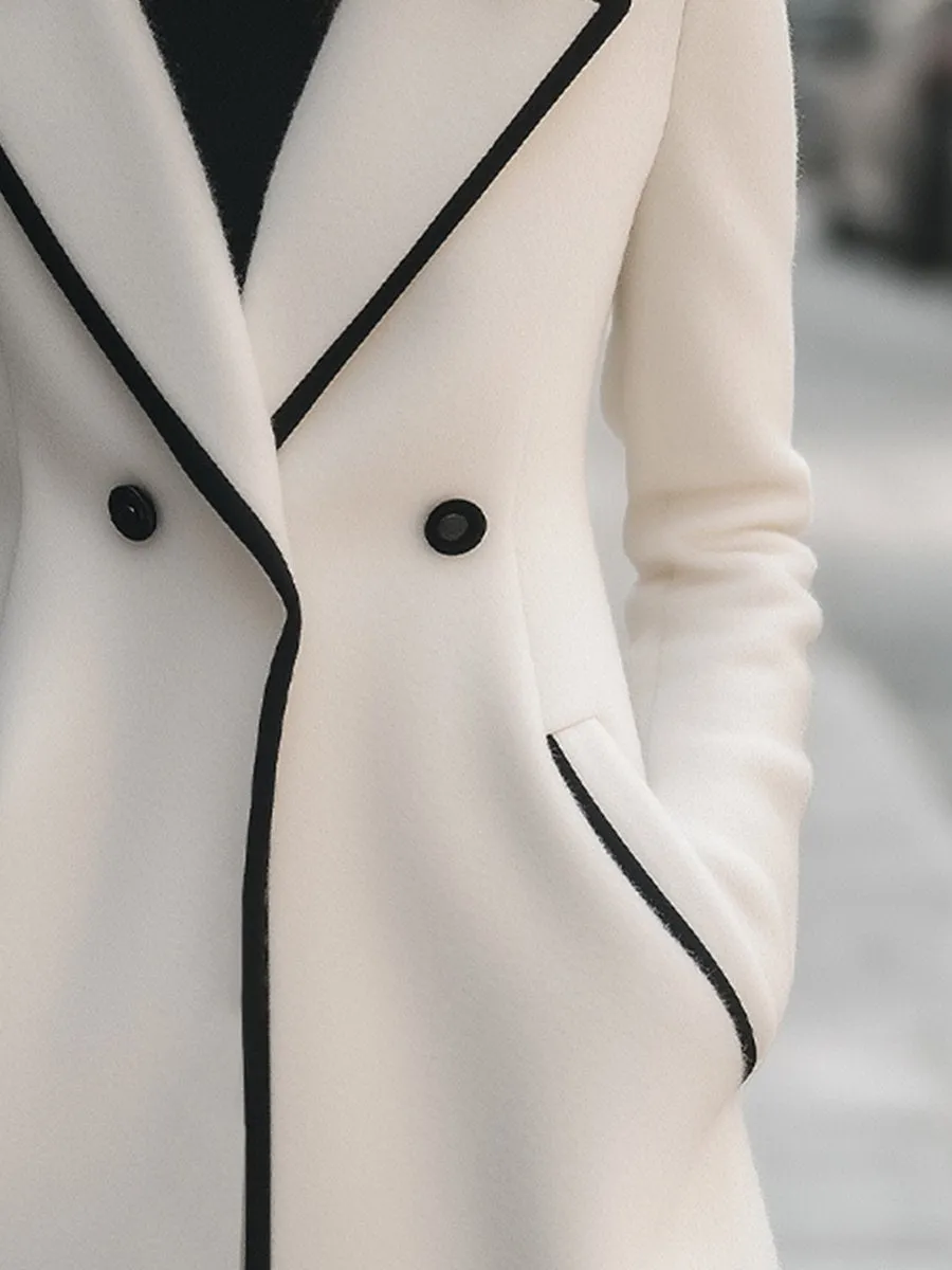 Chic Double-Breasted White Coat with Black Trim