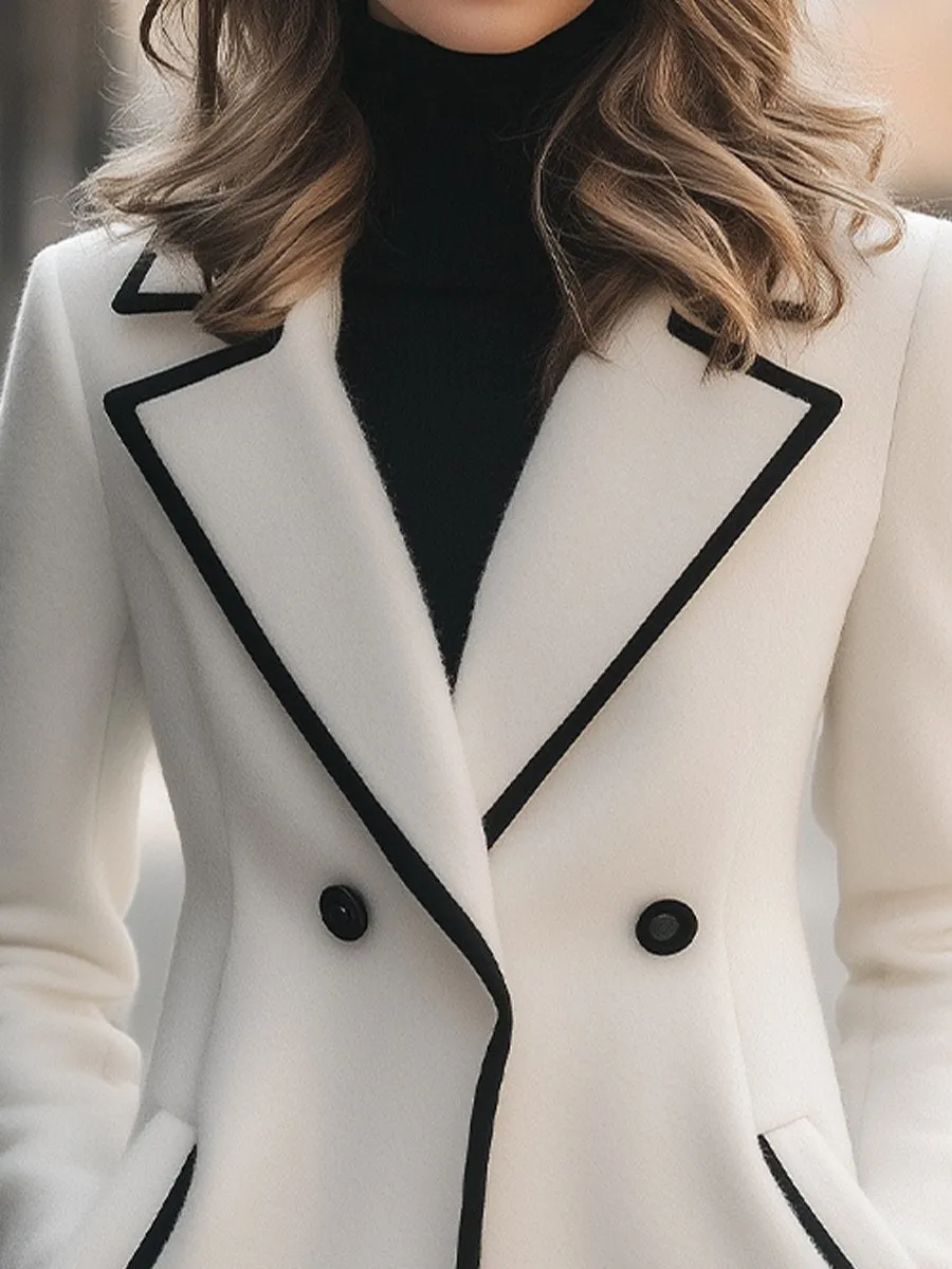 Chic Double-Breasted White Coat with Black Trim