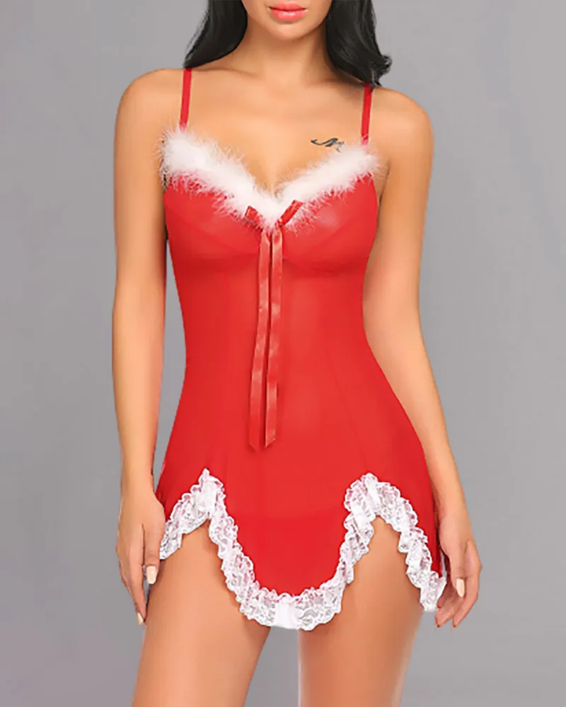 Christmas Pattern Lace Trim Spaghetti Strap Babydoll