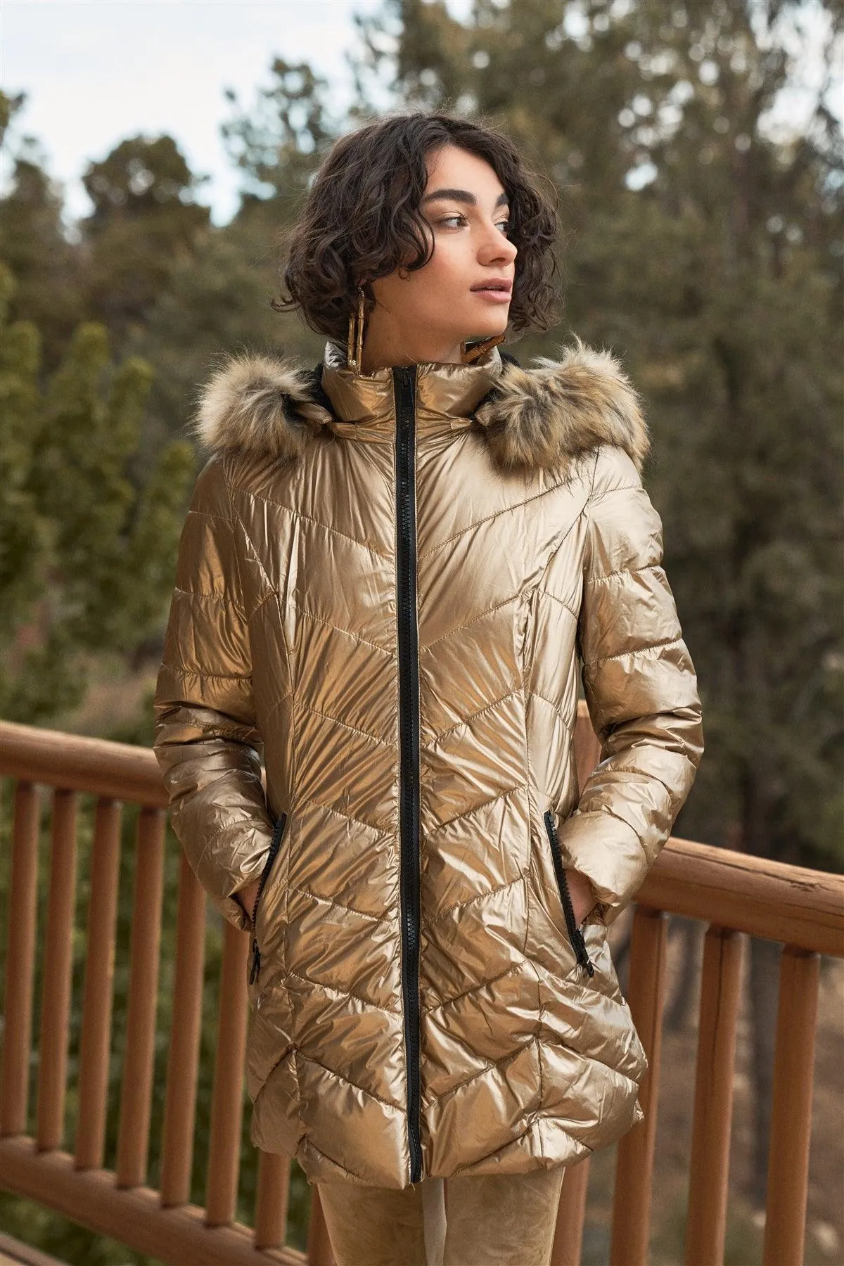 Dark Gold Glossy Finish Fitted Faux Fur Hood Chevron Padded Puffer Jacket /1-1-1-1