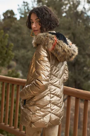 Dark Gold Glossy Finish Fitted Faux Fur Hood Chevron Padded Puffer Jacket /1-1-1-1