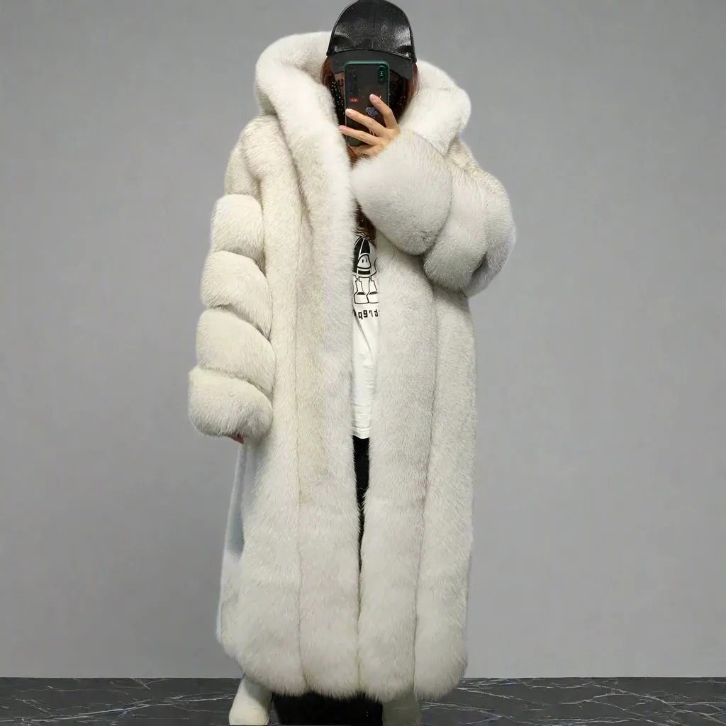 Designer Real Hooded Fox Fur Coat Full Length