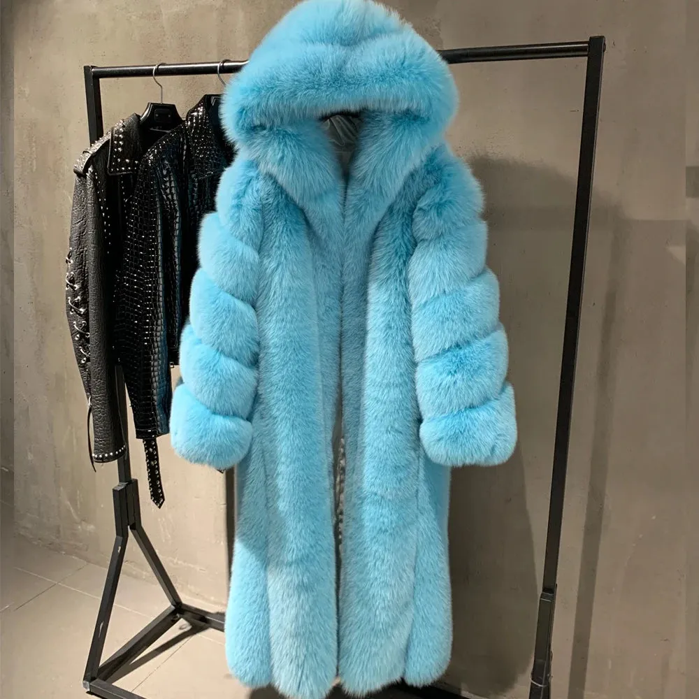 Designer Real Hooded Fox Fur Coat Full Length