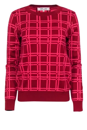 Diane von Furstenberg - Red & Hot Pink Plaid Sweater Sz S