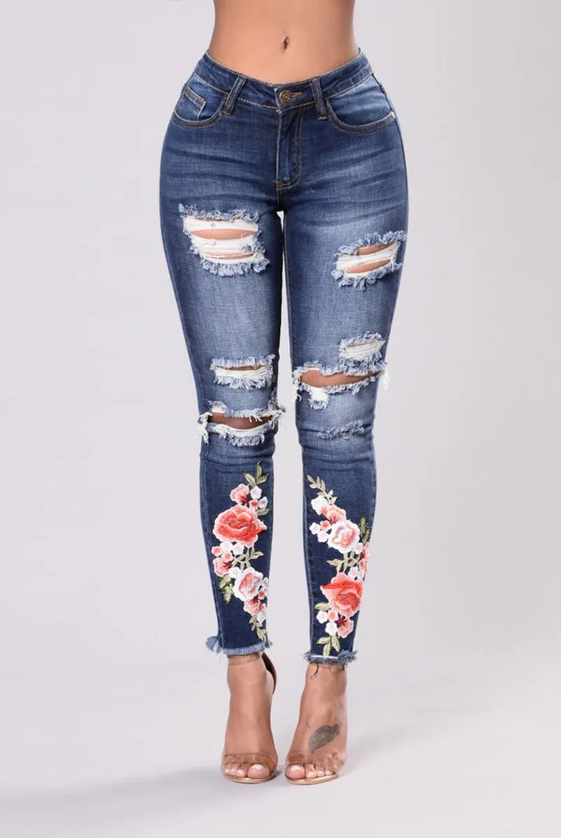 Distressed Embroidered Skinny Jeans