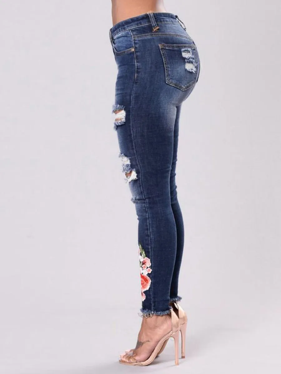 Distressed Embroidered Skinny Jeans