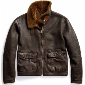 Double Pocket Brown Fur Military Bomber Mens Winter Leather Jacket