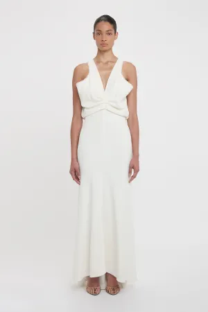 Draped Armhole Detail V-Neck Gown In Ivory