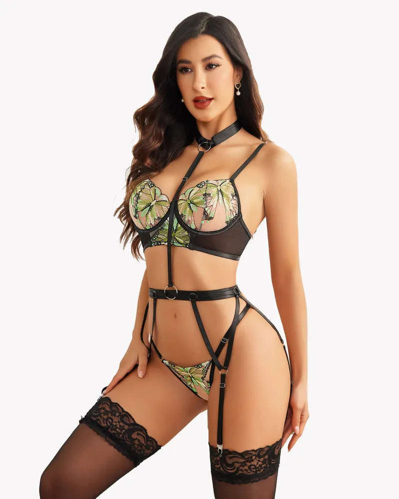 Embroidered Lace Bra and Panty Fairy Garter Set