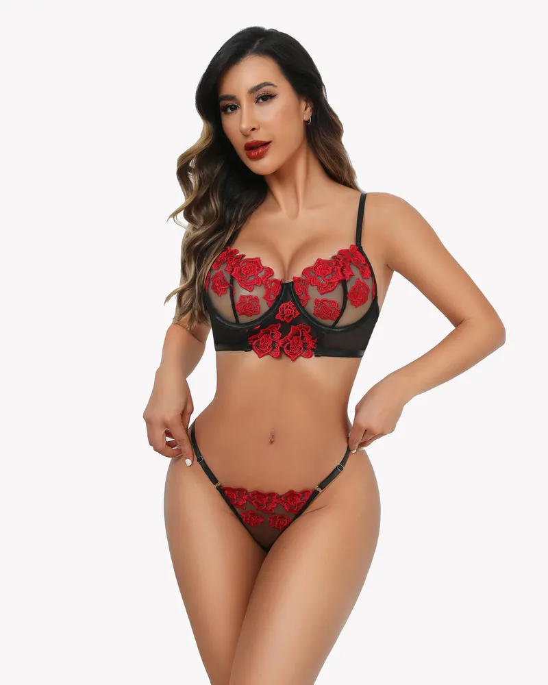 Embroidered Lace Bra and Panty Fairy Garter Set