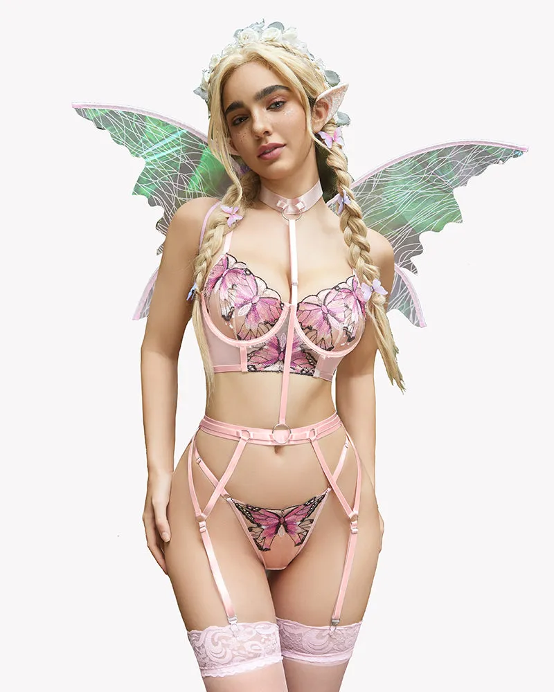 Embroidered Lace Bra and Panty Fairy Garter Set