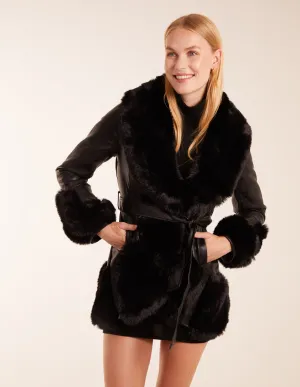 Faux Fur Collar PU Belted Coat